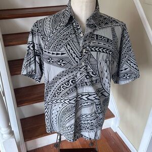 Vintage Hilo Hattie Hawaiian Aloha Shirt Mens L Gray SS Print 1/4 Button Tribal